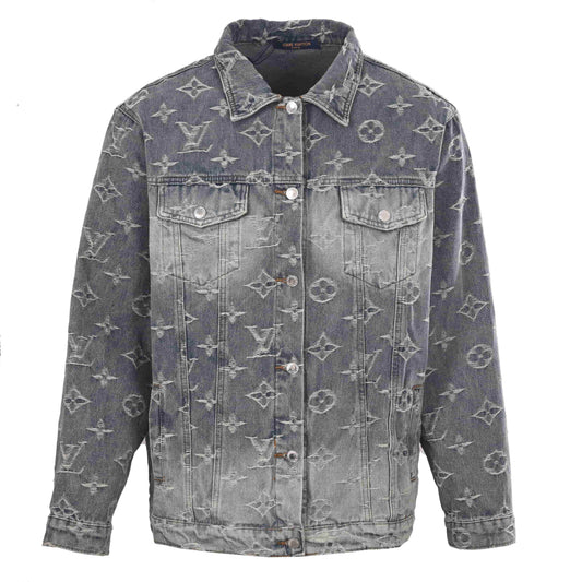 Louis Vuitton Washed Grey Monogram Jacquard Denim Jacket, Unisex Vintage-Look Button-Up Trucker with All-Over Logo Texture and Chest Flap Pockets