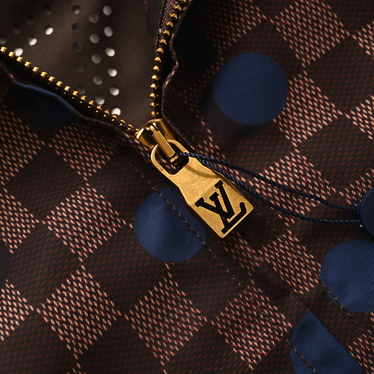 Louis Vuitton Brown Checkerboard Hooded Windbreaker with Blue Polka Dots, Unisex Relaxed-Fit Zip-Up Jacket in Water-Repellent Fabric