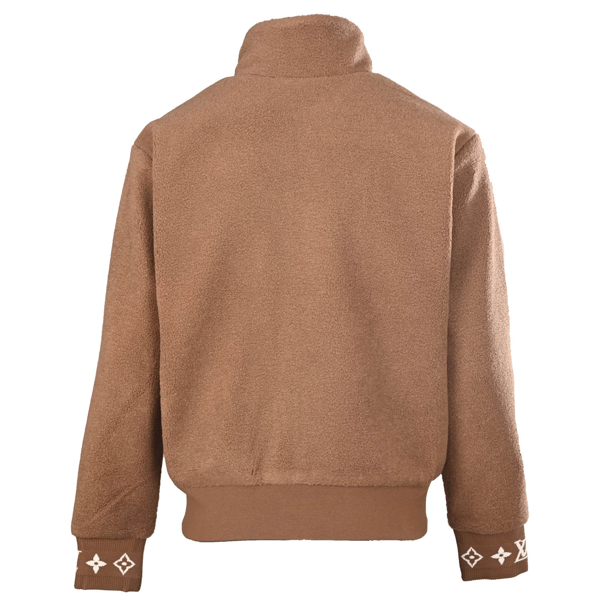 Louis Vuitton Camel Brown Teddy Fleece Jacket with Monogram Jacquard Trim, Full-Zip Stand Collar and Leather Logo Chest Patch