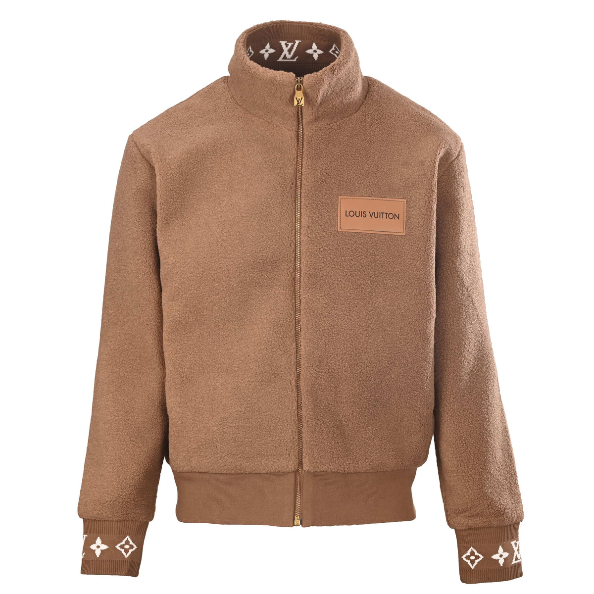 Louis Vuitton Camel Brown Teddy Fleece Jacket with Monogram Jacquard Trim, Full-Zip Stand Collar and Leather Logo Chest Patch