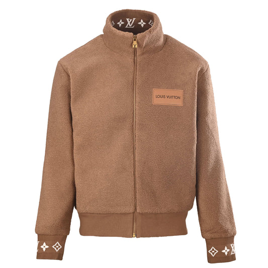 Louis Vuitton Camel Brown Teddy Fleece Jacket with Monogram Jacquard Trim, Full-Zip Stand Collar and Leather Logo Chest Patch