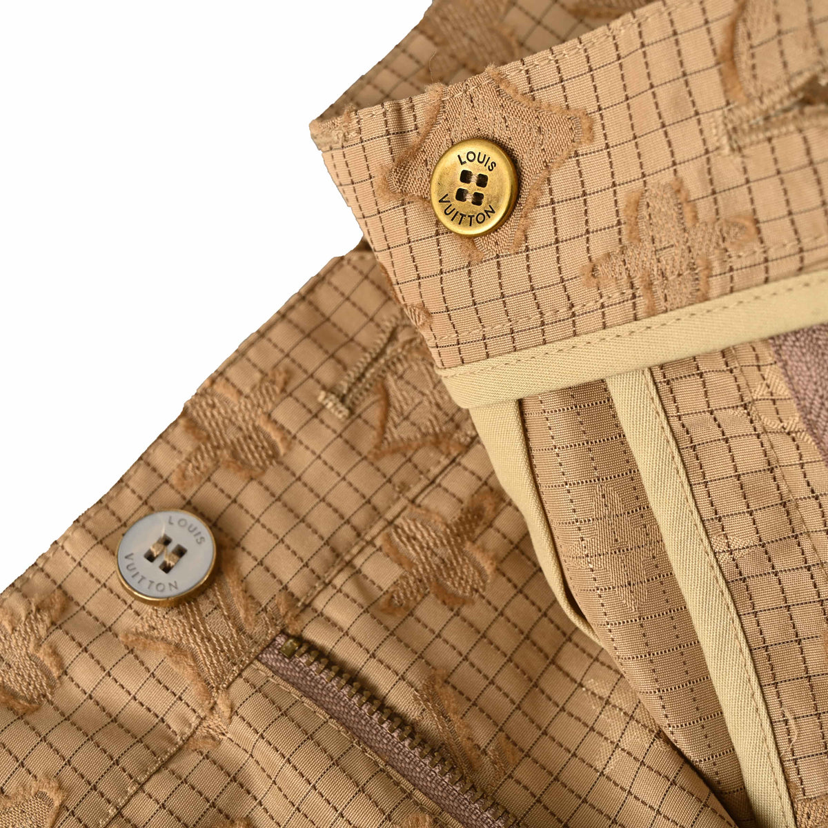 Louis Vuitton Tan Monogram Jacquard Straight-Leg Trousers, Cotton-Nylon Textured Check Pants with Tailored Waistband and All-Over Tonal Pattern