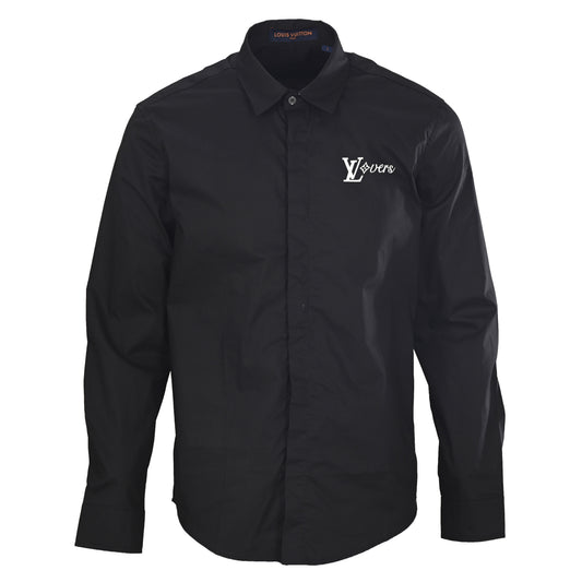 Louis Vuitton Black Rayon Poplin Long-Sleeve Shirt with White Lovers Logo, Concealed Button Front and Unisex Smart-Casual Styling