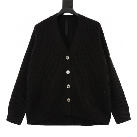 CH Cashmere Cardigan with Leather-Trimmed Sleeves and Cross-Waffle Knit