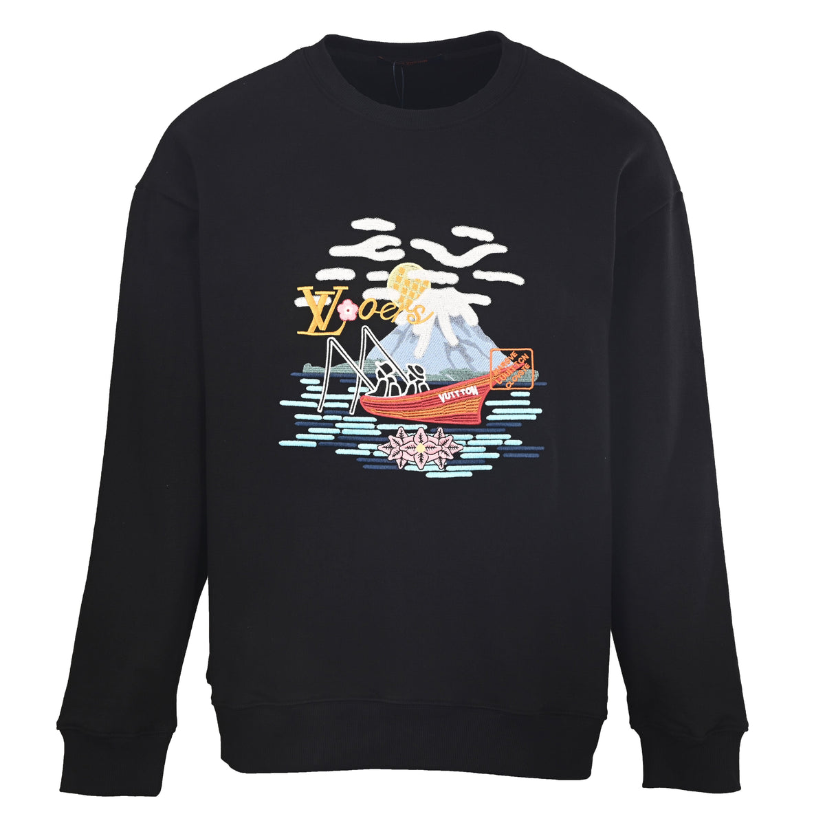 Louis Vuitton Black Fishing Boat Embroidered Crewneck Sweatshirt, Scenic Graphic Pullover for Designer Casual Streetwear