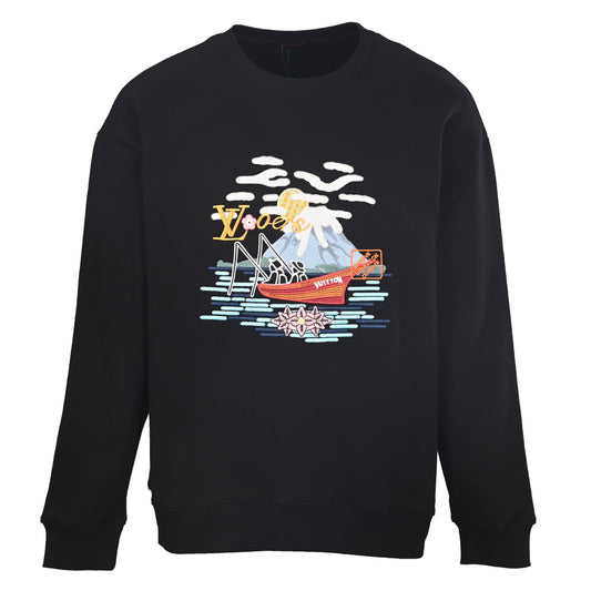 Louis Vuitton Black Fishing Boat Embroidered Crewneck Sweatshirt, Scenic Graphic Pullover for Designer Casual Streetwear