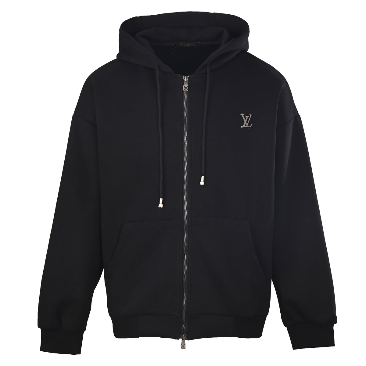 Louis Vuitton Black Metal Logo Zip-Up Hoodie with Pearl-Accented Drawstrings, Heavyweight Relaxed-Fit Hooded Jacket for Designer Streetwear