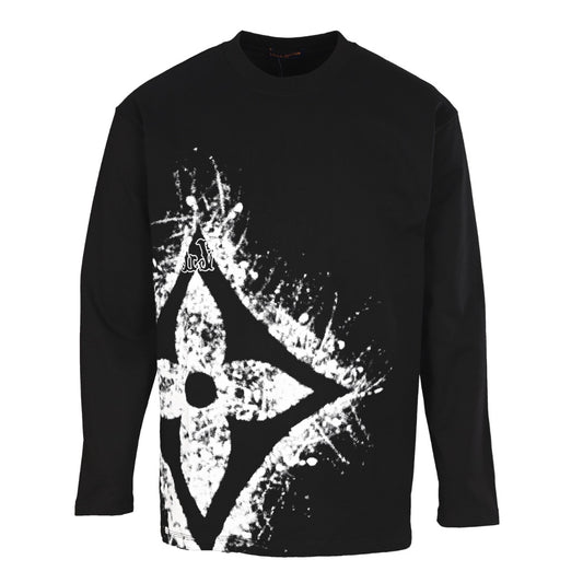 Louis Vuitton Black Monogram Flower Graphic Long-Sleeve T-Shirt, Unisex Cotton Crewneck with White Paint-Splatter Hem Print