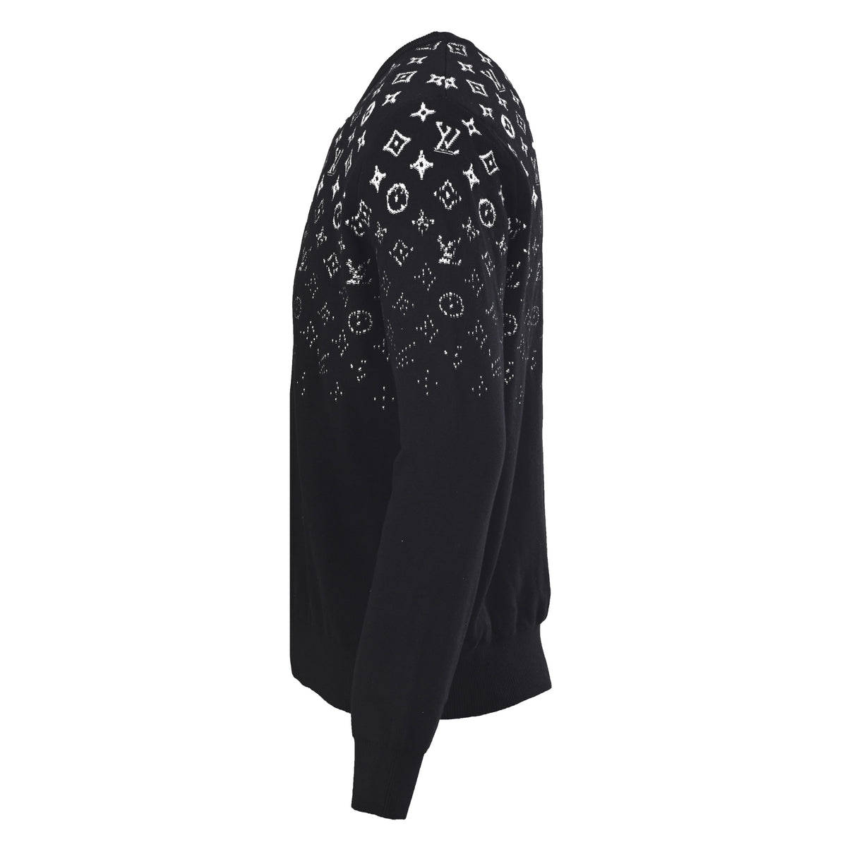 Louis Vuitton Black Gradient Monogram Cotton Crewneck Sweater, Fitted Fine-Knit Jacquard Pullover with White Fade-Out Motifs and Ribbed Trims