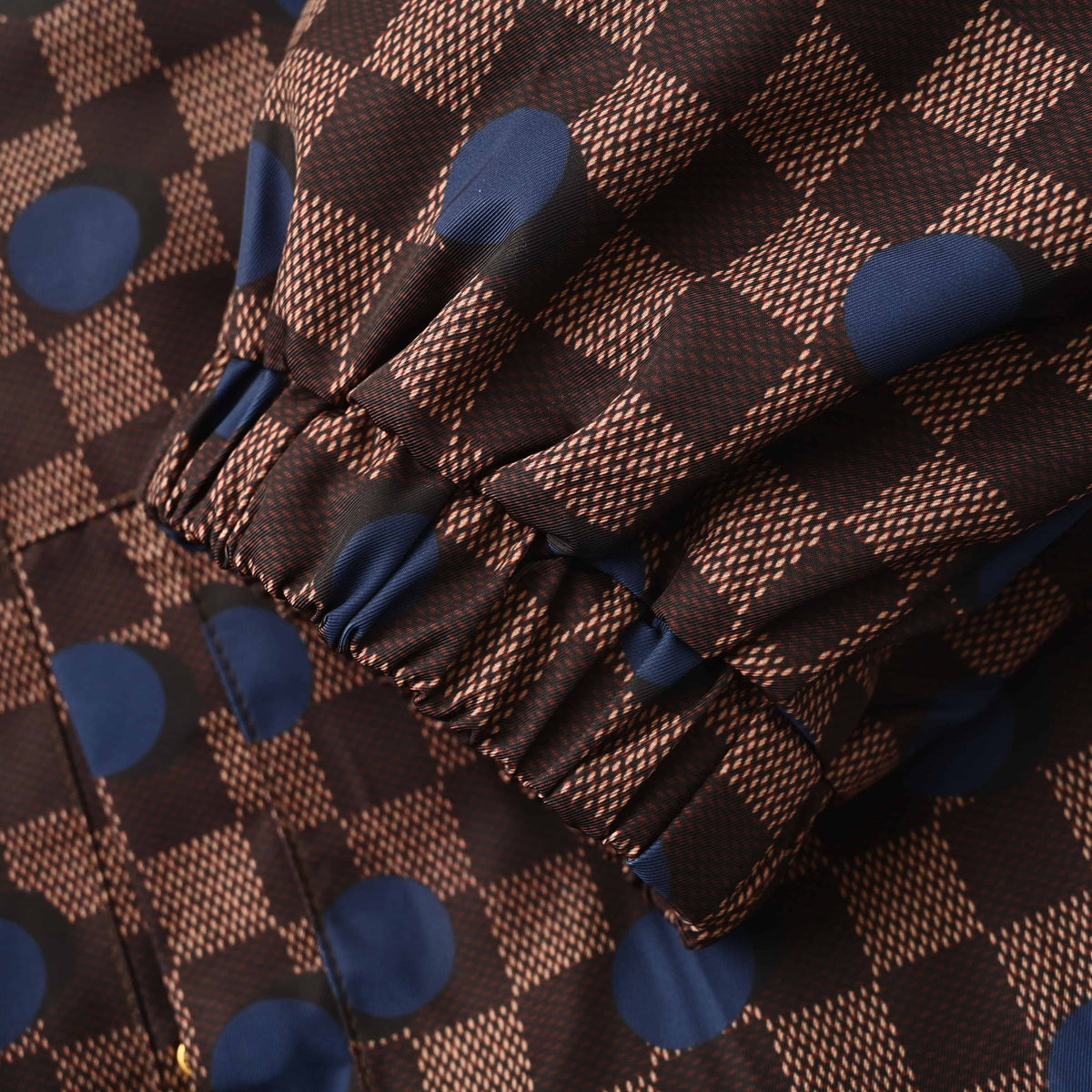 Louis Vuitton Brown Checkerboard Hooded Windbreaker with Blue Polka Dots, Unisex Relaxed-Fit Zip-Up Jacket in Water-Repellent Fabric