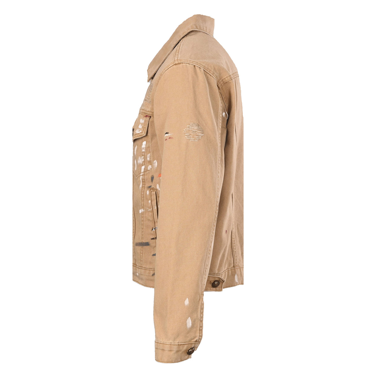 Louis Vuitton Khaki Paint-Splatter Denim Trucker Jacket, Graffiti-Inspired Designer Outerwear with Vintage Workwear Style