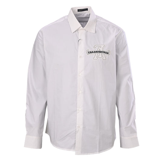 Louis Vuitton and Chrome Hearts White Rayon Poplin Shirt, Unisex Long-Sleeve Button-Up with Black Gothic Logo Embroidery and Curved Hem