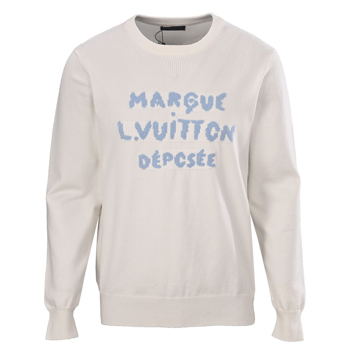 Louis Vuitton Light Blue Monogram Jacquard Knit Sweater - Lettering Pattern Designer Knitwear for Casual Layering