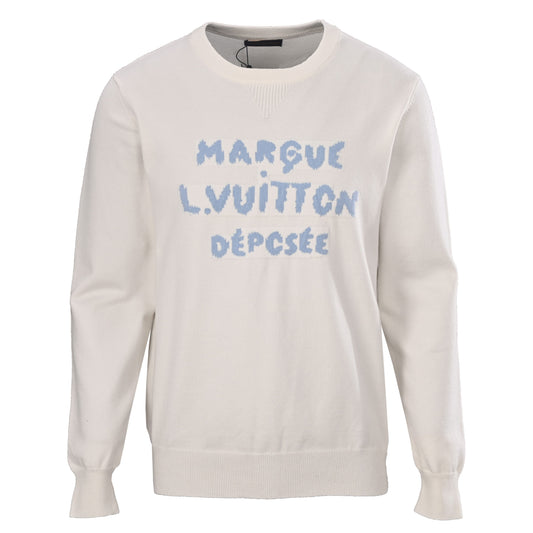 Louis Vuitton Light Blue Monogram Jacquard Knit Sweater - Lettering Pattern Designer Knitwear for Casual Layering