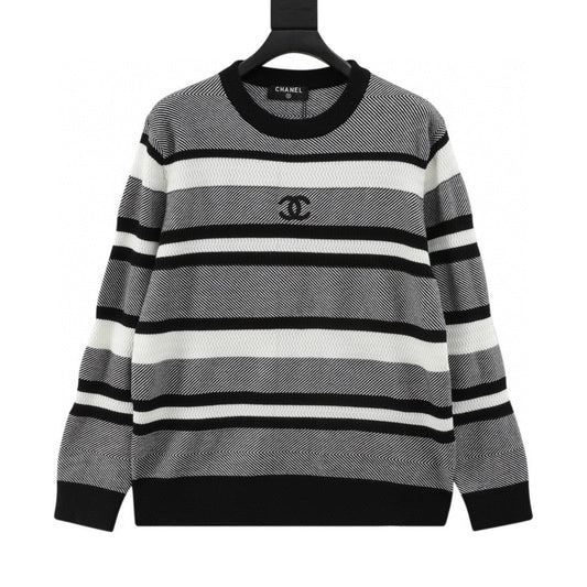 Chanel Autumn/Winter Striped Knit Pullover with Embroidered Double-C Logo