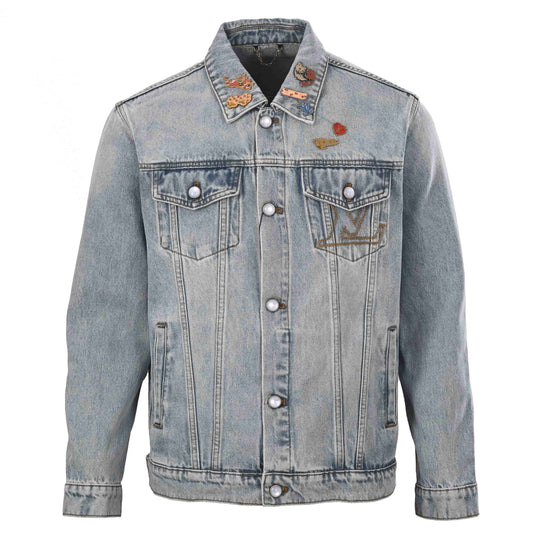 Louis Vuitton Embroidered Denim Skate Jacket with Leather Detailing & Statement Hardware | Designer Streetwear