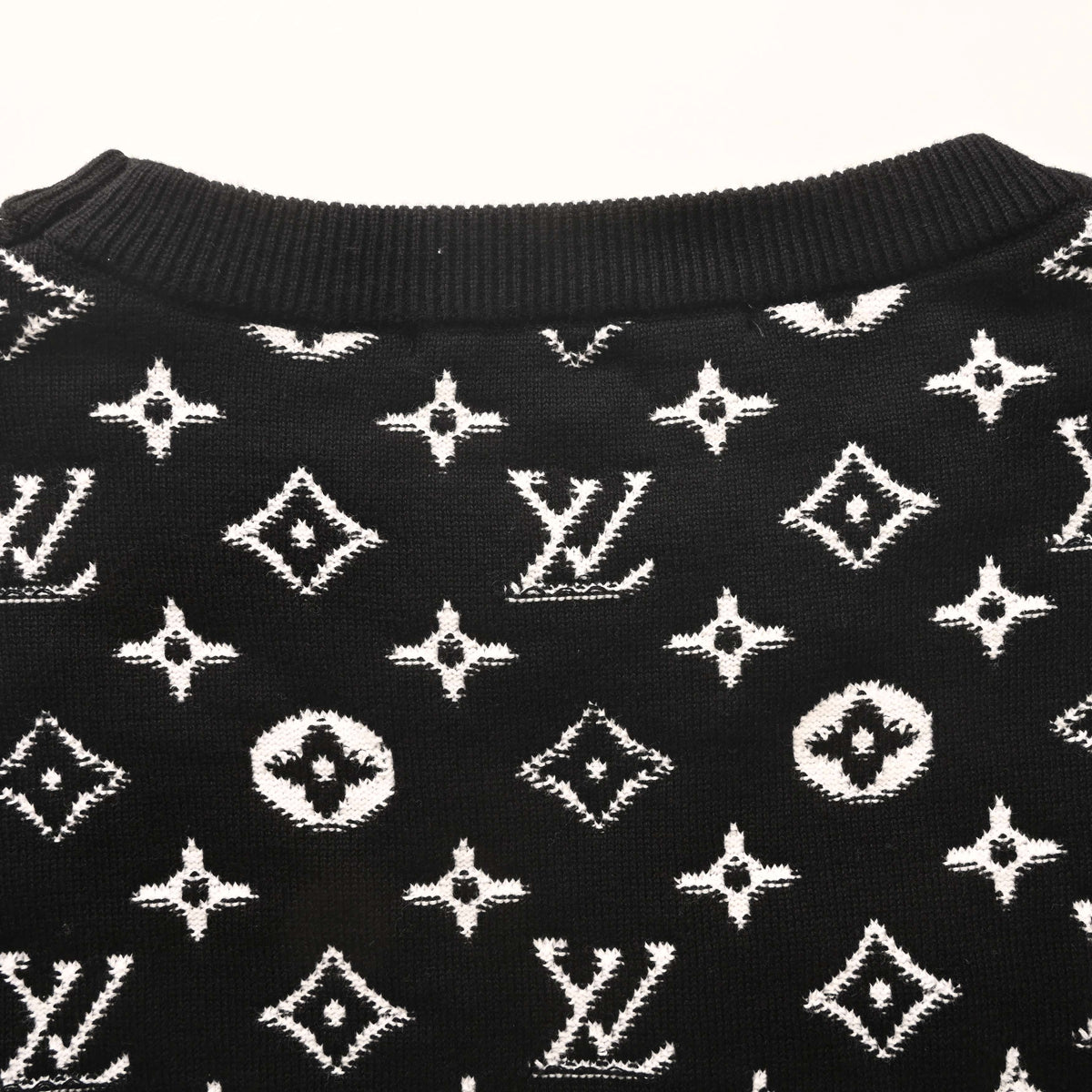 Louis Vuitton Black Gradient Monogram Cotton Crewneck Sweater, Fitted Fine-Knit Jacquard Pullover with White Fade-Out Motifs and Ribbed Trims