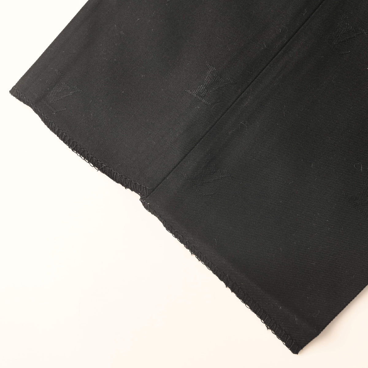 Louis Vuitton Black Tonal Monogram Jacquard Dress Trousers, Wool Satin Tailored Suit Pants with Slim Straight-Leg Silhouette and Hand-Finished Hems