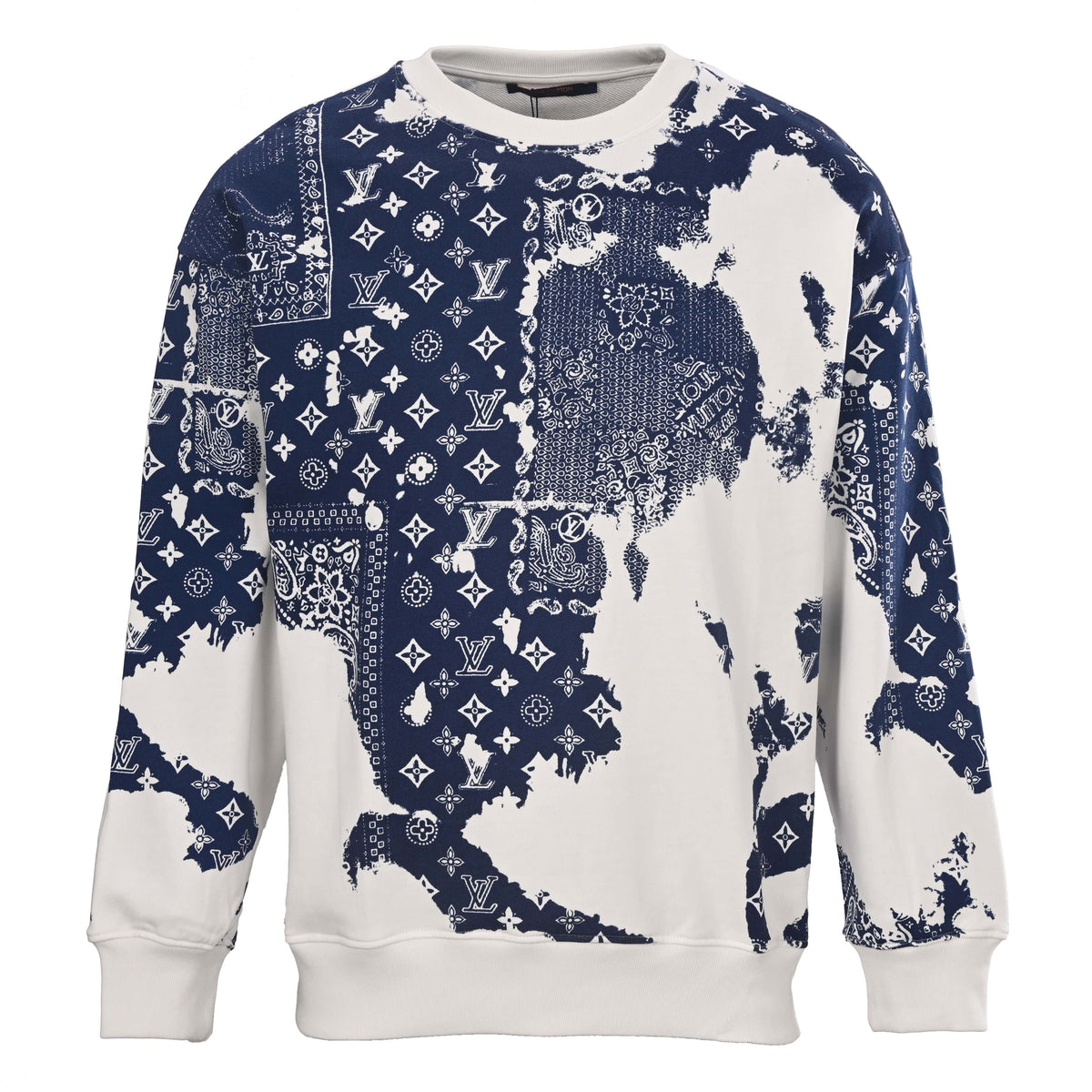 Louis Vuitton Navy and Cream Bandana Paisley Monogram Sweatshirt, Relaxed-Fit Cotton Crewneck with Tie-Dye Effect Streetwear Print