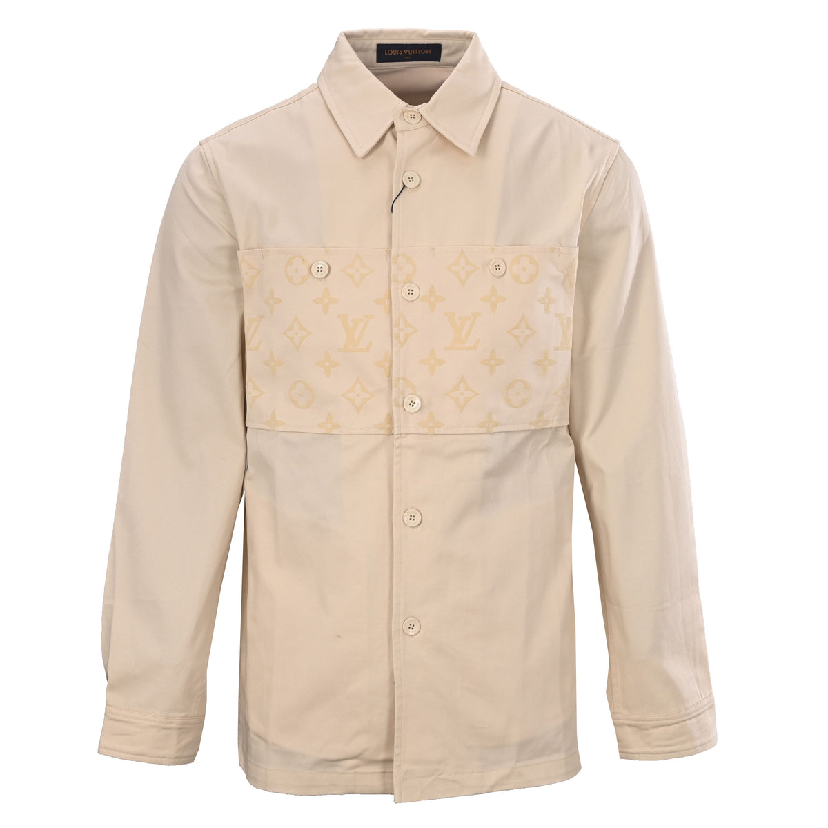 Louis Vuitton Flocked Monogram Overshirt - Patchwork Twill Shirt Jacket with Button Pockets and Studded Staples Detail