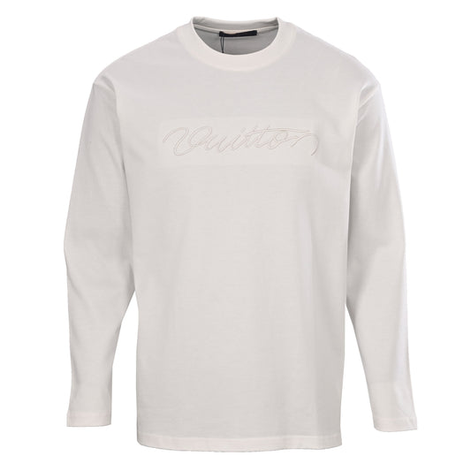 Louis Vuitton White Signature Embroidered Long-Sleeve T-Shirt, Unisex Tonal Script Logo Crewneck Tee for Minimalist Smart-Casual Layering