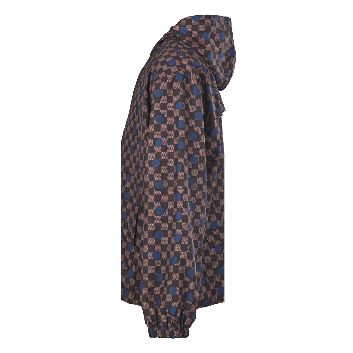 Louis Vuitton Brown Checkerboard Hooded Windbreaker with Blue Polka Dots, Unisex Relaxed-Fit Zip-Up Jacket in Water-Repellent Fabric