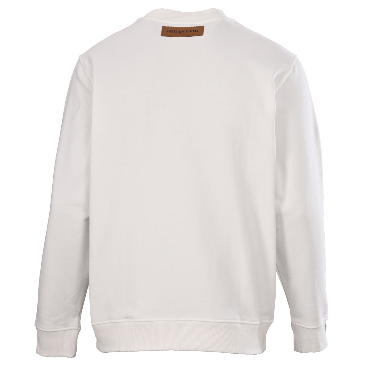 Louis Vuitton White Beaded Emblem Sweatshirt, Unisex Relaxed Cotton French Terry Crewneck with Contrasting Black Chest Design and Embroidered Details