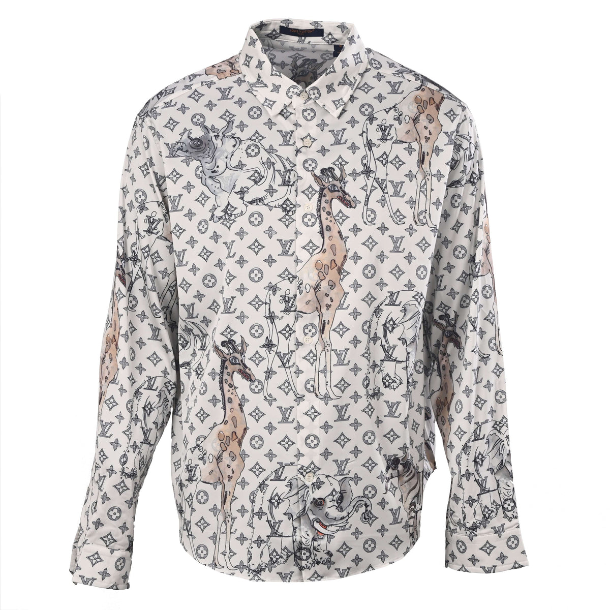 Louis Vuitton Zoo Animal Print Long Sleeve Shirt - Tencel Twill Satin Designer Resortwear Statement Top
