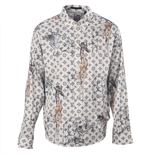 Louis Vuitton Zoo Animal Print Long Sleeve Shirt - Tencel Twill Satin Designer Resortwear Statement Top