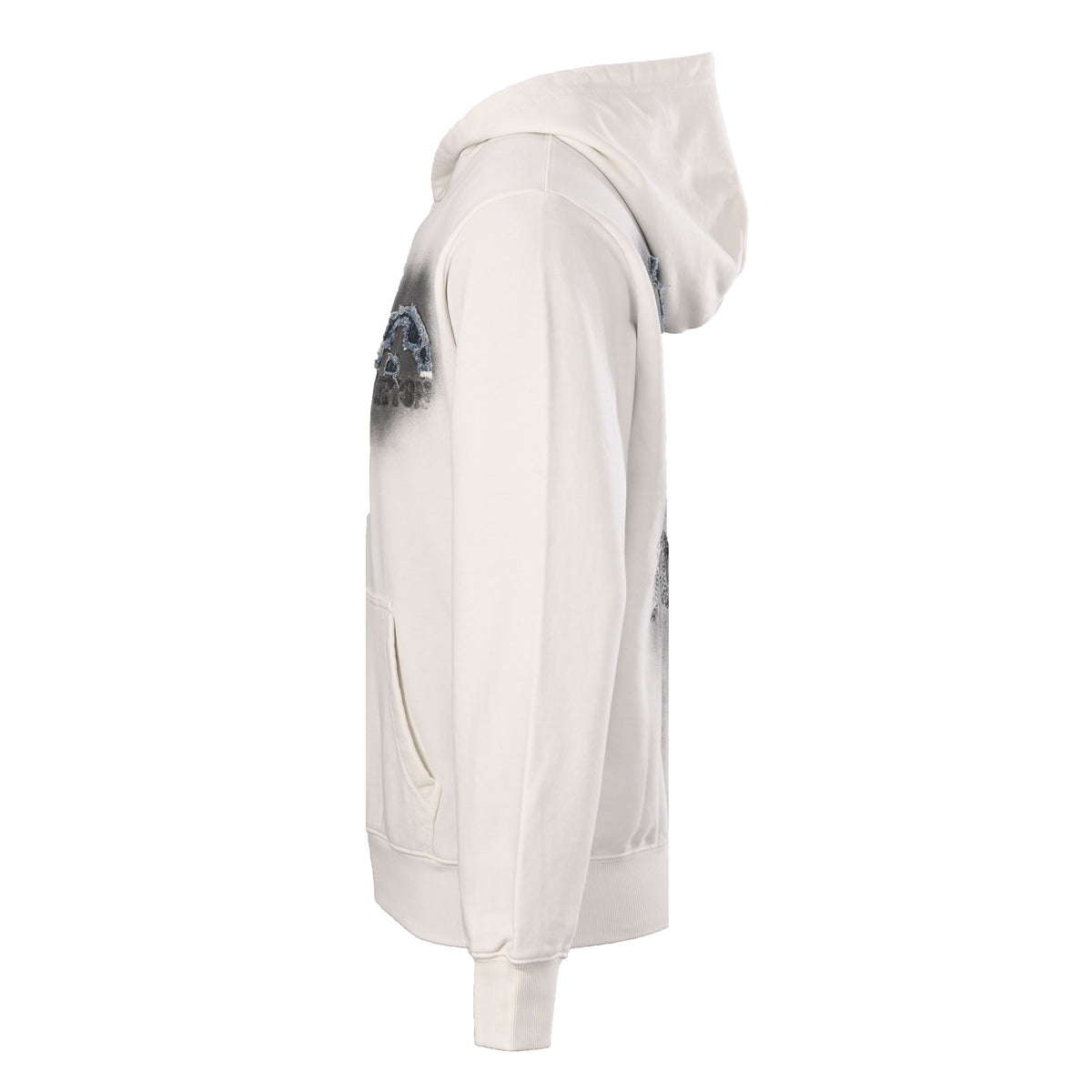 Louis Vuitton Ivory Distressed Denim Appliqué Hoodie, Heavyweight Loopback Terry Pullover with Monogram Flower Chest Patch and Oversized Back Logo
