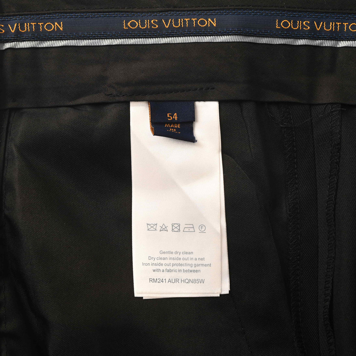 Louis Vuitton Black Tonal Monogram Jacquard Dress Trousers, Wool Satin Tailored Suit Pants with Slim Straight-Leg Silhouette and Hand-Finished Hems