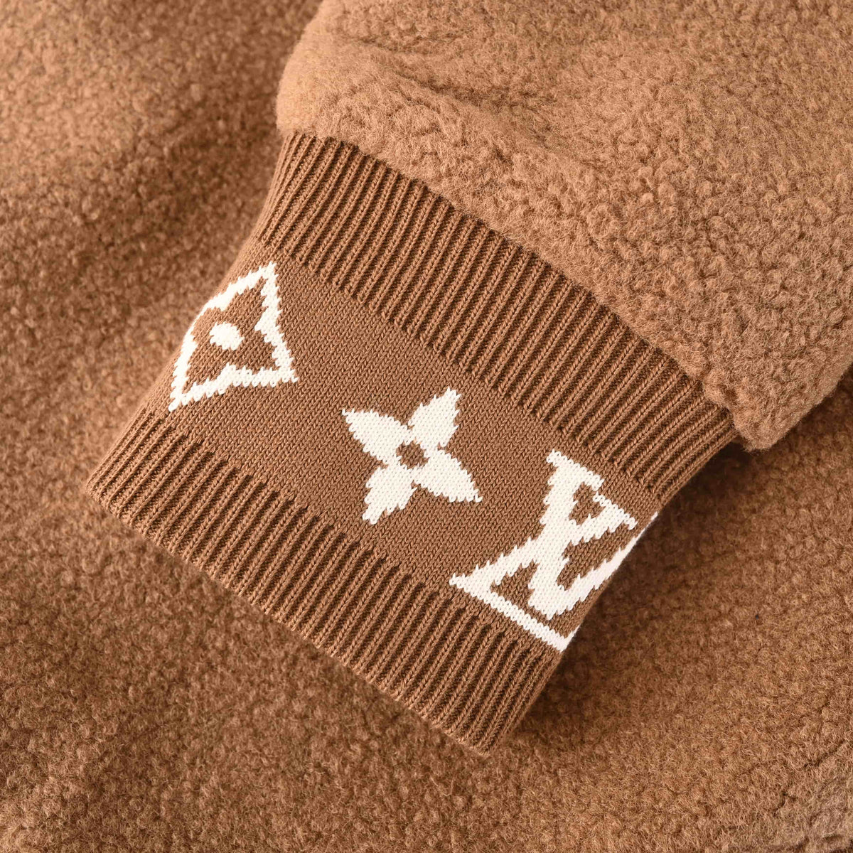 Louis Vuitton Camel Brown Teddy Fleece Jacket with Monogram Jacquard Trim, Full-Zip Stand Collar and Leather Logo Chest Patch