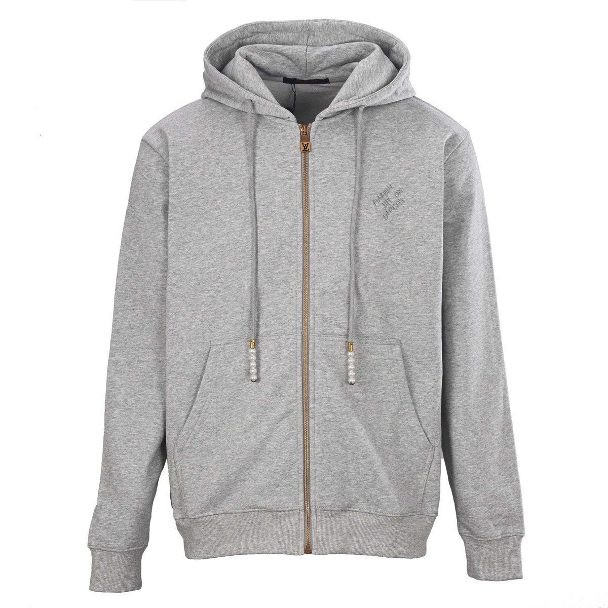 Louis Vuitton Letter Embroidered Zip-Up Hooded Jacket with Pearl-Detail Drawstrings | Designer Streetwear