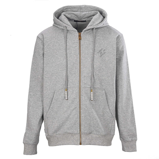 Louis Vuitton Letter Embroidered Zip-Up Hooded Jacket with Pearl-Detail Drawstrings | Designer Streetwear