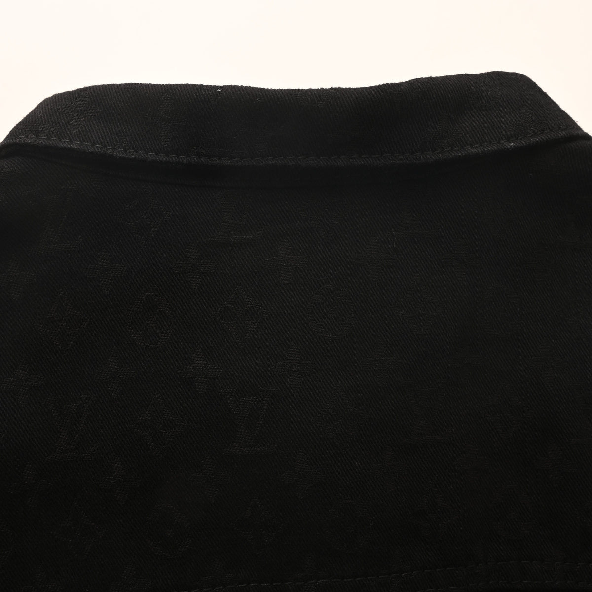 Louis Vuitton Black Tonal Monogram Denim Shacket, Unisex Button-Up Jean Jacket with Slub Jacquard Texture, Point Collar and Twin Chest Pockets