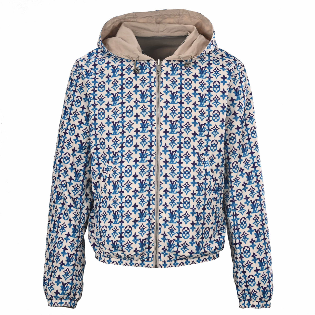 Louis Vuitton Beige Reversible Hooded Windbreaker, Crinkled Nylon Zip-Up Utility Jacket with Blue Monogram Print and Sleeve Pocket
