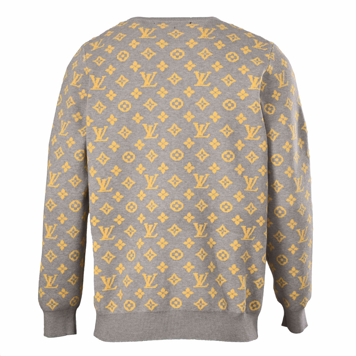Louis Vuitton Heather Grey and Yellow Monogram Jacquard Cardigan, Relaxed V-Neck Button-Up Knit Sweater with Engraved Metal Buttons and Ribbed Trims