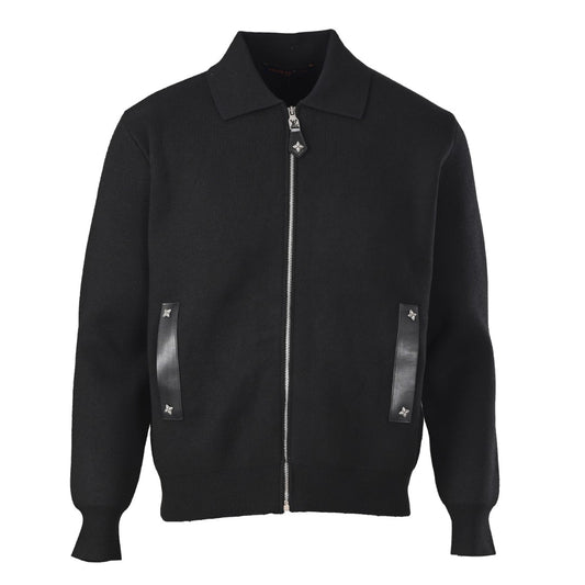 Louis Vuitton Black Cotton-Wool Knit Zip-Up Jacket with Leather-Trimmed Pockets, Monogram Flower Hardware and Classic Polo Collar