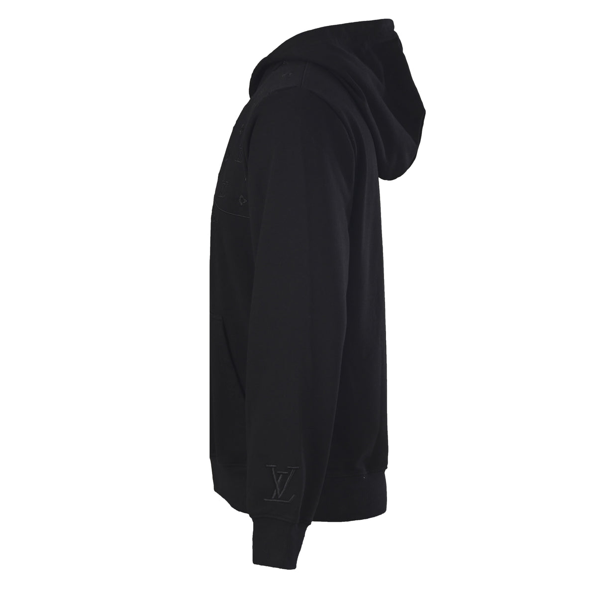Louis Vuitton Black Tonal Monogram Pullover Hoodie with Wave Chest Panel, Embroidered Logo Detailing and Ribbed Trim for Minimalist Streetwear
