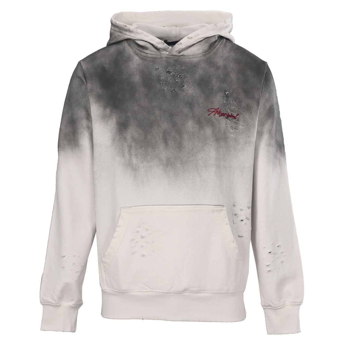 Louis Vuitton Ivory Smoky-Wash Floral Hoodie, Heavyweight Cotton Pullover with Colorful Back Embroidery, Red Script Lettering and Distressed Details
