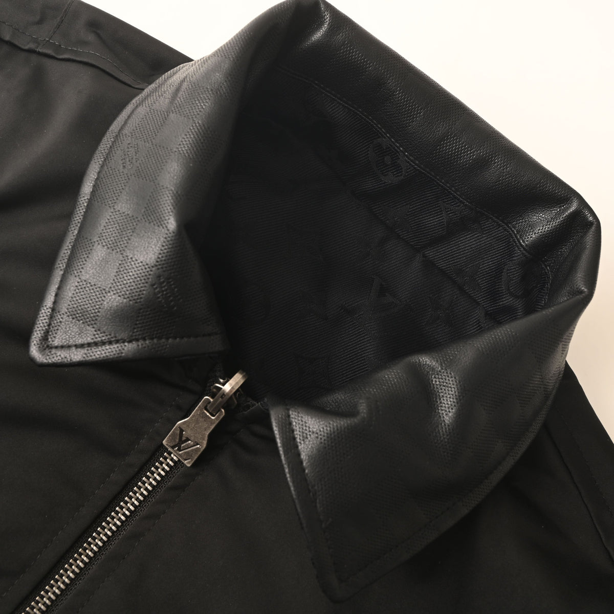 Louis Vuitton Leather-Collar Checkerboard Jacket | Reversible Cinched-Waist Designer Luxury Casual Outerwear