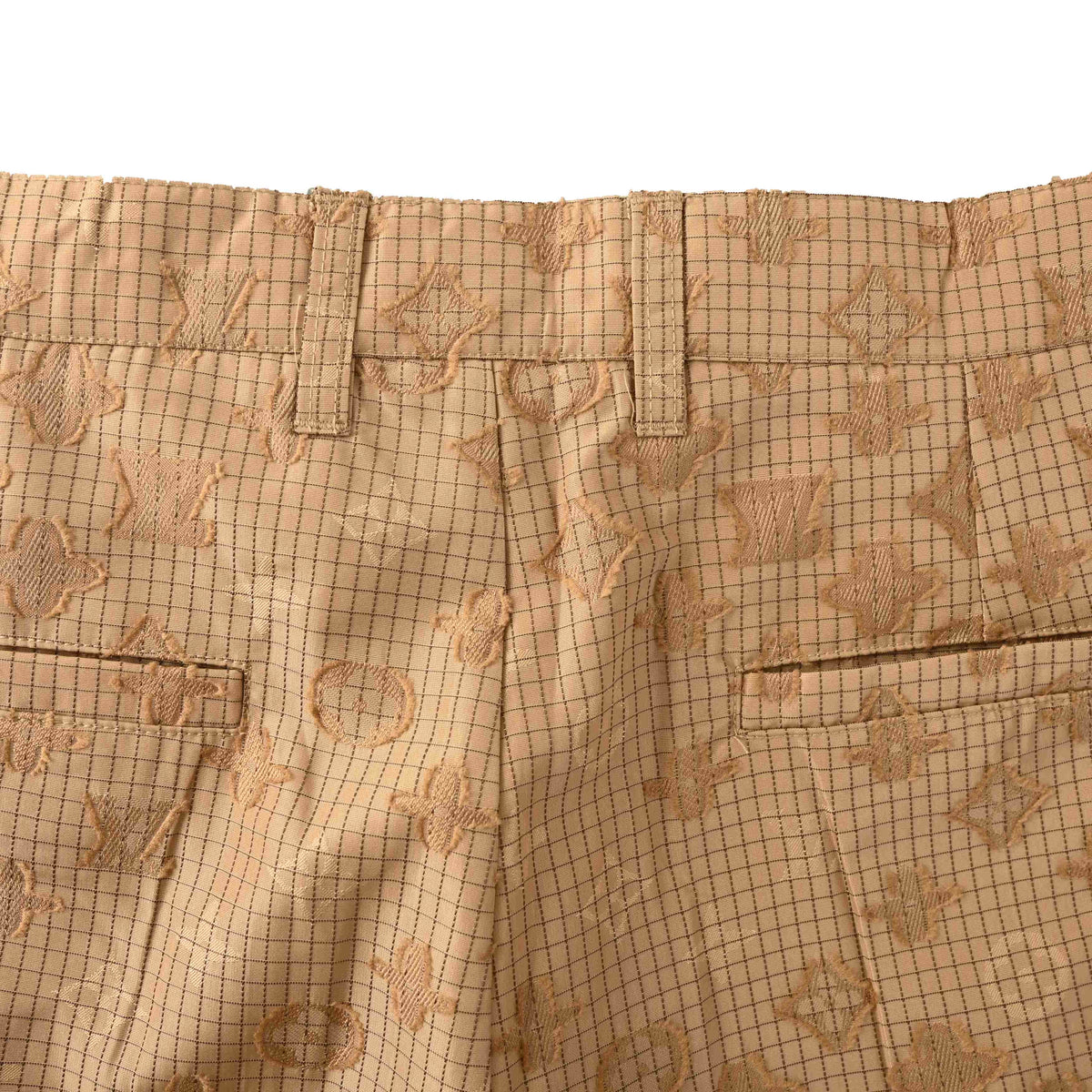 Louis Vuitton Tan Monogram Jacquard Straight-Leg Trousers, Cotton-Nylon Textured Check Pants with Tailored Waistband and All-Over Tonal Pattern