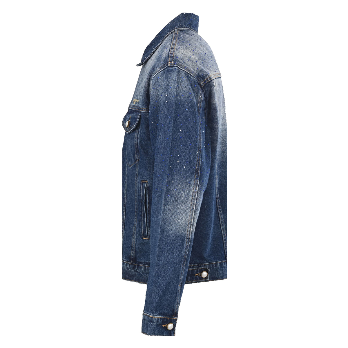 Louis Vuitton Washed Blue Rhinestone Denim Trucker Jacket, Unisex Cotton Button-Up with Faded Yoke, Chest Logo and Scattered Sparkle Detailing