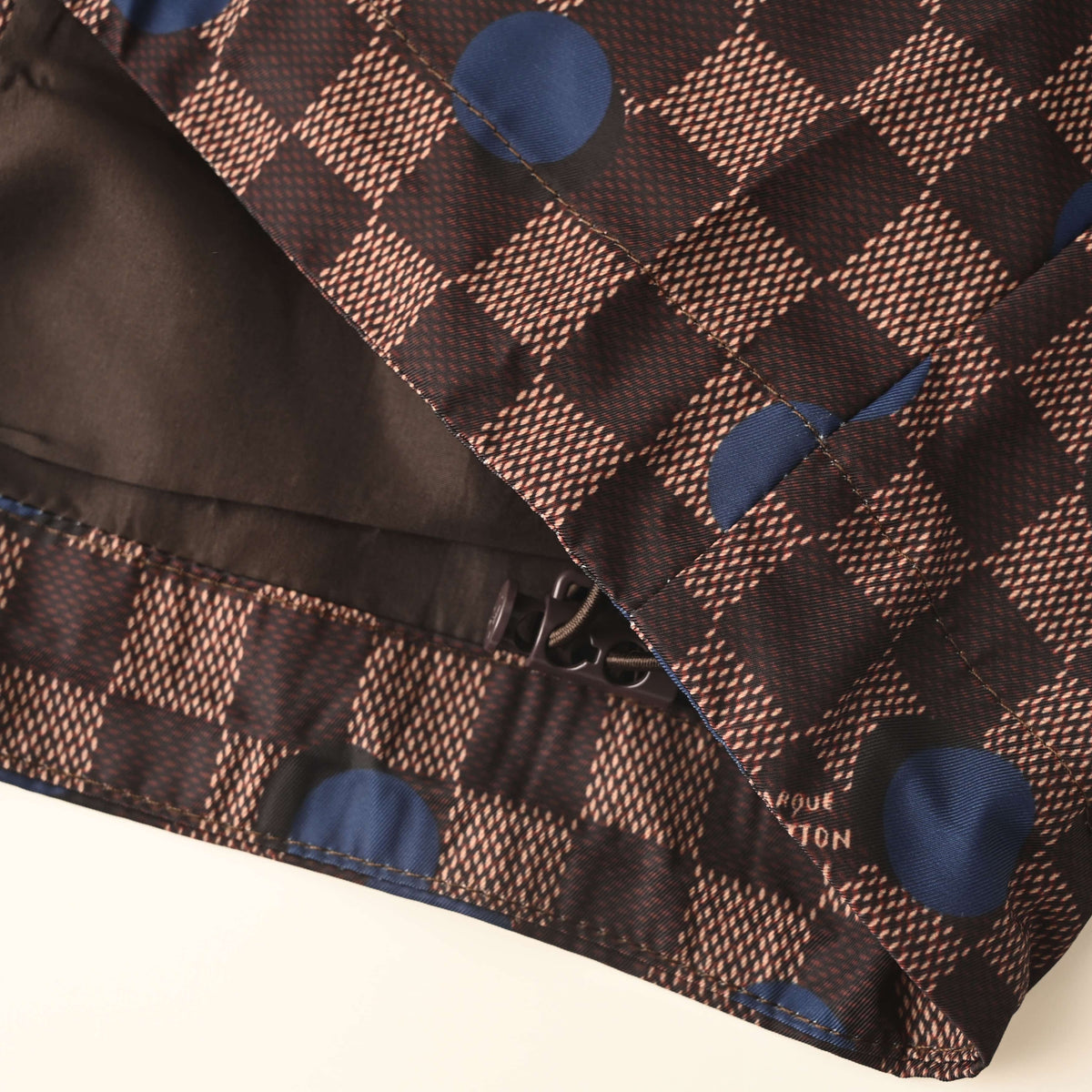 Louis Vuitton Brown Checkerboard Hooded Windbreaker with Blue Polka Dots, Unisex Relaxed-Fit Zip-Up Jacket in Water-Repellent Fabric