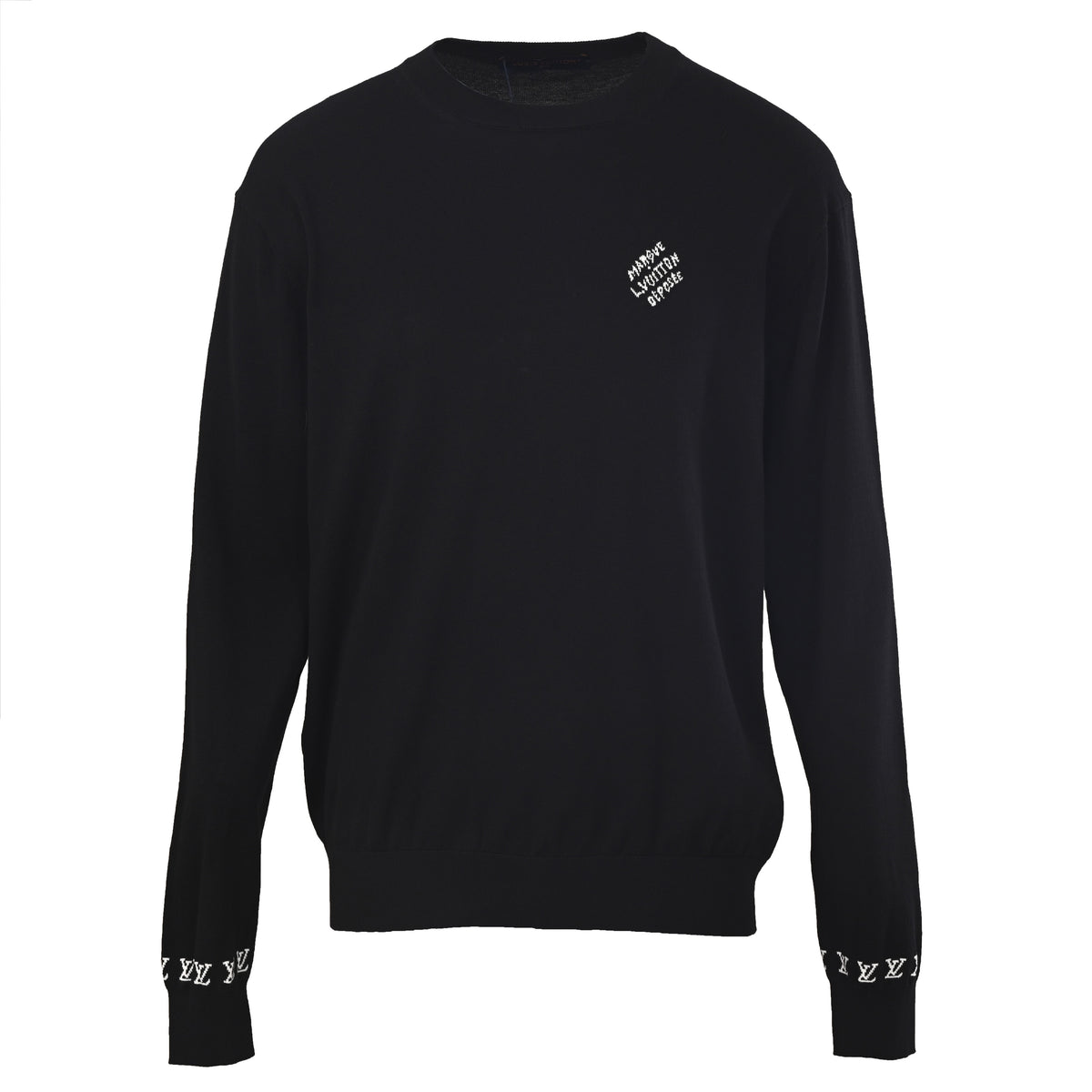 Louis Vuitton Letter Embroidered Cotton Crewneck Sweater with Sleeve Logo Detail | Designer Casual Knitwear