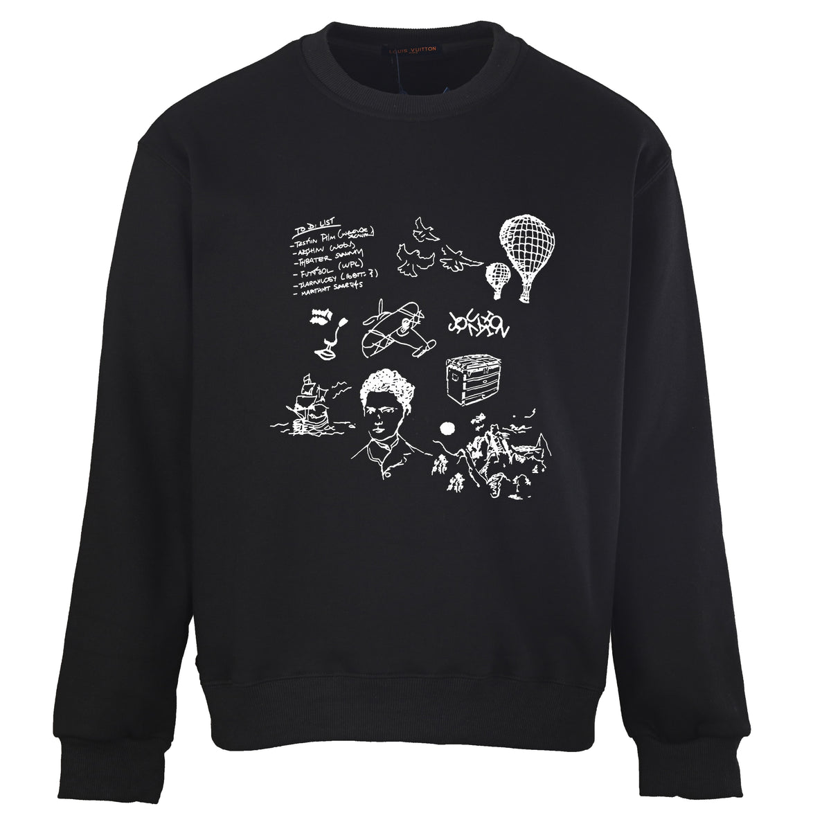 Louis Vuitton Black Hot Air Balloon Graphic Sweatshirt, Oversized Unisex Cotton Crewneck with Raised Puff Print and Travel Sketch Motifs