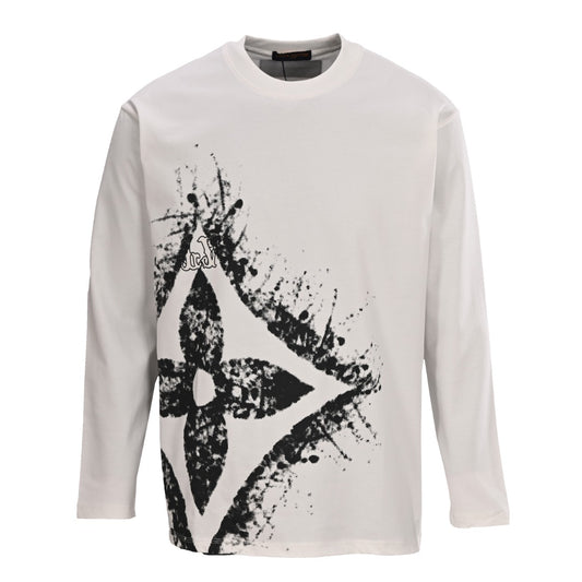 Louis Vuitton White Cotton Graphic Long-Sleeve Tee with Black Monogram Flower, Unisex Crewneck T-Shirt with Ink-Splatter Hem Artwork