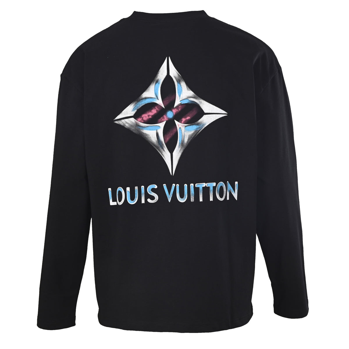 Louis Vuitton Black Monogram Flower Graphic Long-Sleeve T-Shirt, Relaxed Cotton Crewneck with Graffiti-Style Artwork and Statement Back Print