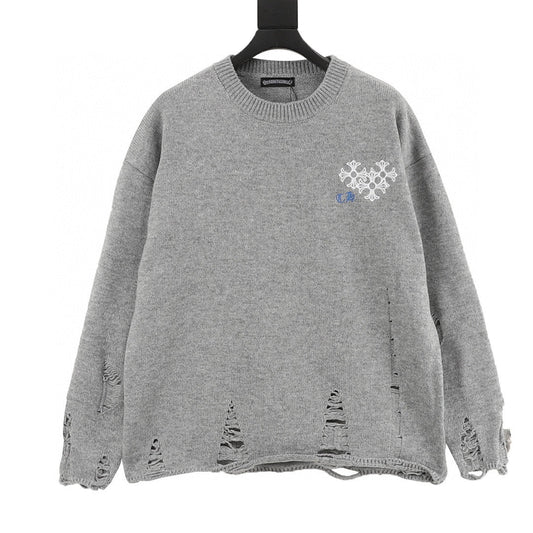CH Embroidered Sanskrit Cross Distressed Knit Sweater