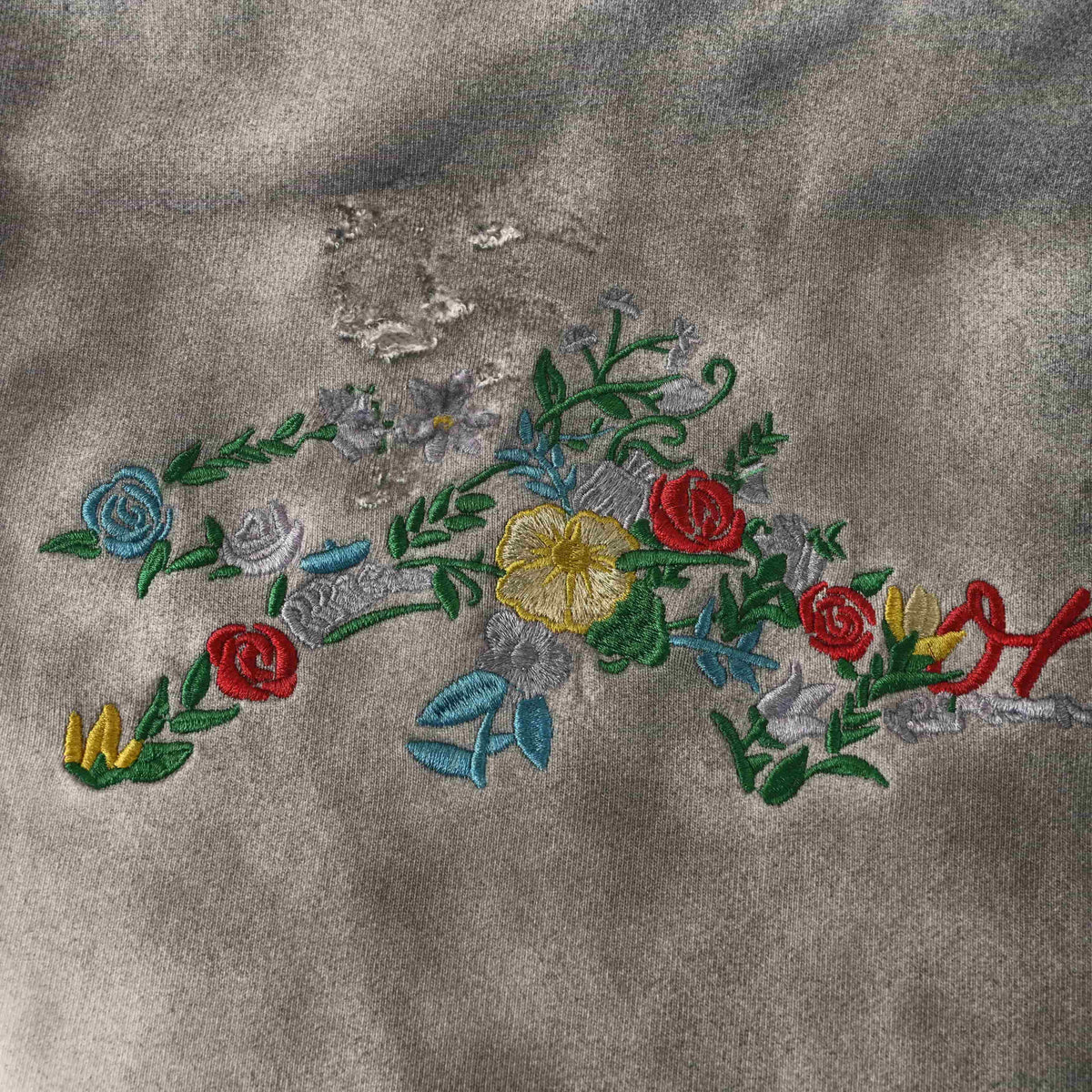 Louis Vuitton Ivory Smoky-Wash Floral Hoodie, Heavyweight Cotton Pullover with Colorful Back Embroidery, Red Script Lettering and Distressed Details